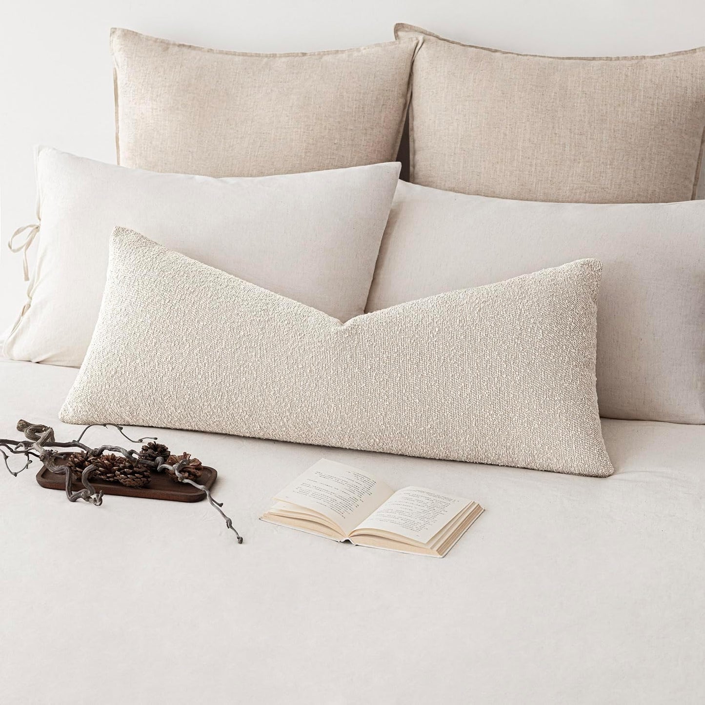 Foindtower Decorative Textured Boucle Throw Pillow Covers Accent Solid Pillow Cases Neutral Long Body Lumbar Couch Cushion Case for Chair Sofa Bedroom Living Room Home Decor 14x36 Inch,1PC,Light Beige