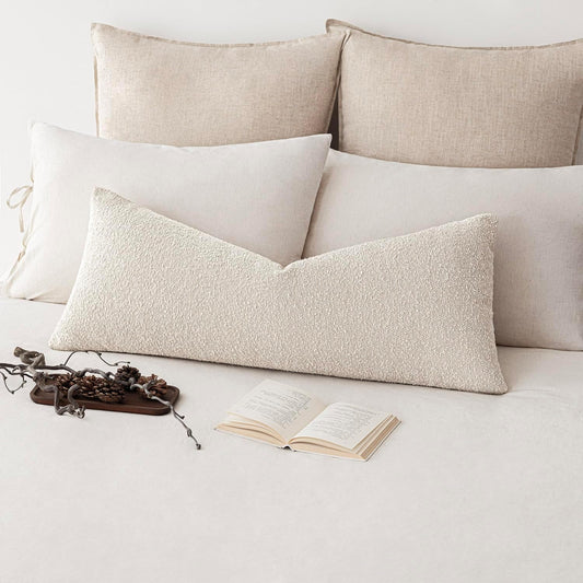 Foindtower Decorative Textured Boucle Throw Pillow Covers Accent Solid Pillow Cases Neutral Long Body Lumbar Couch Cushion Case for Chair Sofa Bedroom Living Room Home Decor 14x36 Inch,1PC,Light Beige