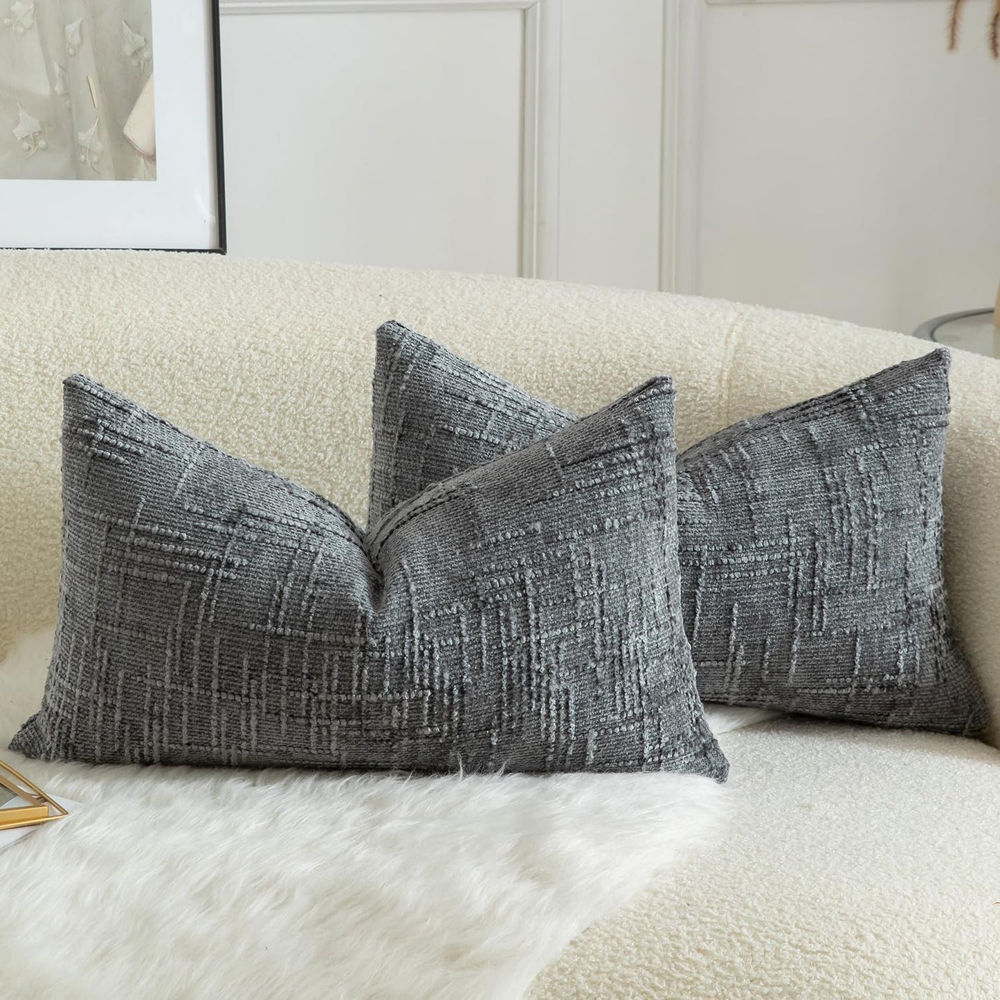 MANDIOO Pack of 2 Soft Chenille Textured Throw Pillow Covers Lumbar Accent Solid Decorative Cushion Cover Cozy Farmhouse Pillow Case for Couch Sofa Bed Living Room 16x24 Inch Dark Gray