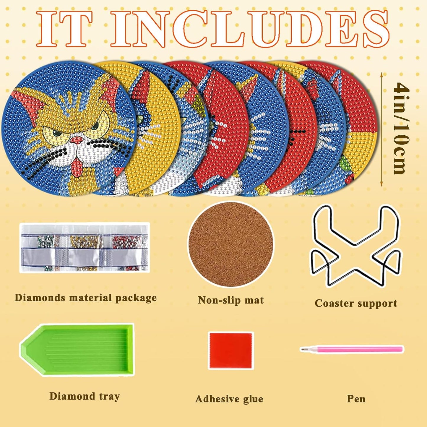 DOTSOPS Cat Diamond Art Coaster with Holder 5D Diamond Painting Kits for Adults Round Full Drill Beginners Gem Dots Craft Arts Supplies Party Home Decor 8PCS