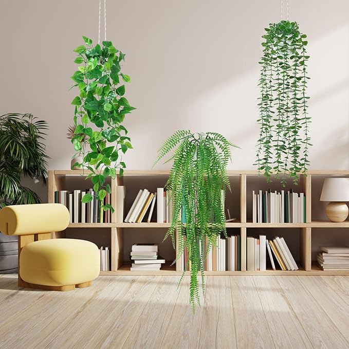 Dremisland Fake Hanging Plants with Pots 2Pack Faux Hanging Basket Plant Macrame Plant Hanger with Fake Vines Faux Hanging Planter for Wall Ceiling Home Bedroom Indoor Decor (Mix Plant-4PCS)