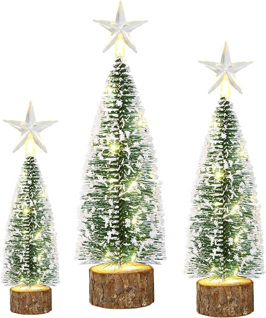 3Pcs Mini Christmas Tree for Table Decor Little Xmas Tree with LED Light for Table Centerpieces Tiny Bottle Brush Tree with White Snow for Home Indoor Tabletop Christmas Decoration