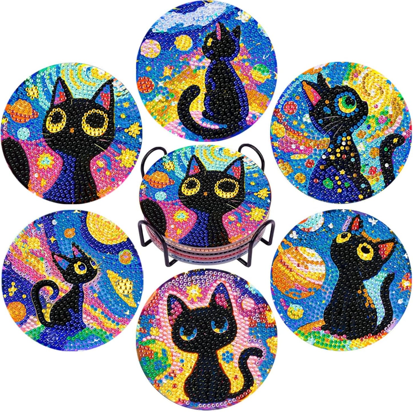 DOZEEZOP 6 PCS Diamond Art Coasters Kit, Cat Diamond Painting Coasters with Holder, Fall Diamond Art Kits for Adults Beginners, Arts and Crafts Supplies Black Astral Cat Animals