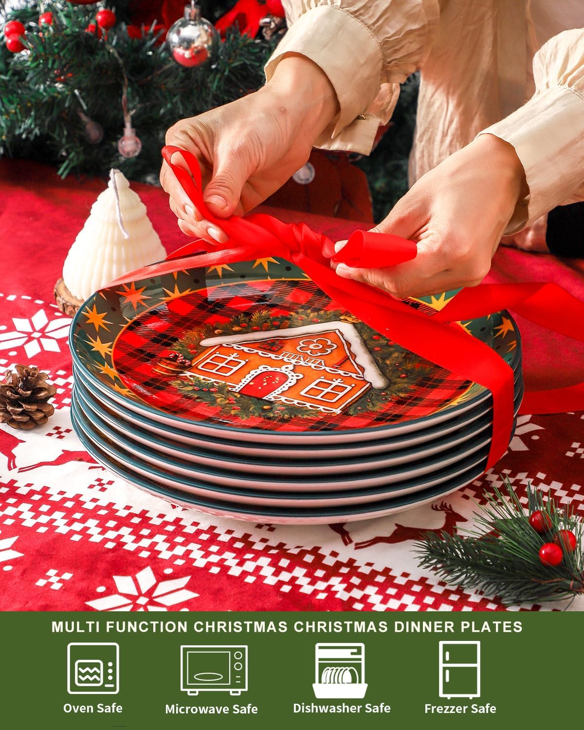 HASENSE Ceramic Dinner Plates, 10.5 Inches Christmas Serving Dishes for Salad, Pasta, Steak, Dessert, Party Kitchen Plates Set of 6, Microwave and Dishwasher Safe