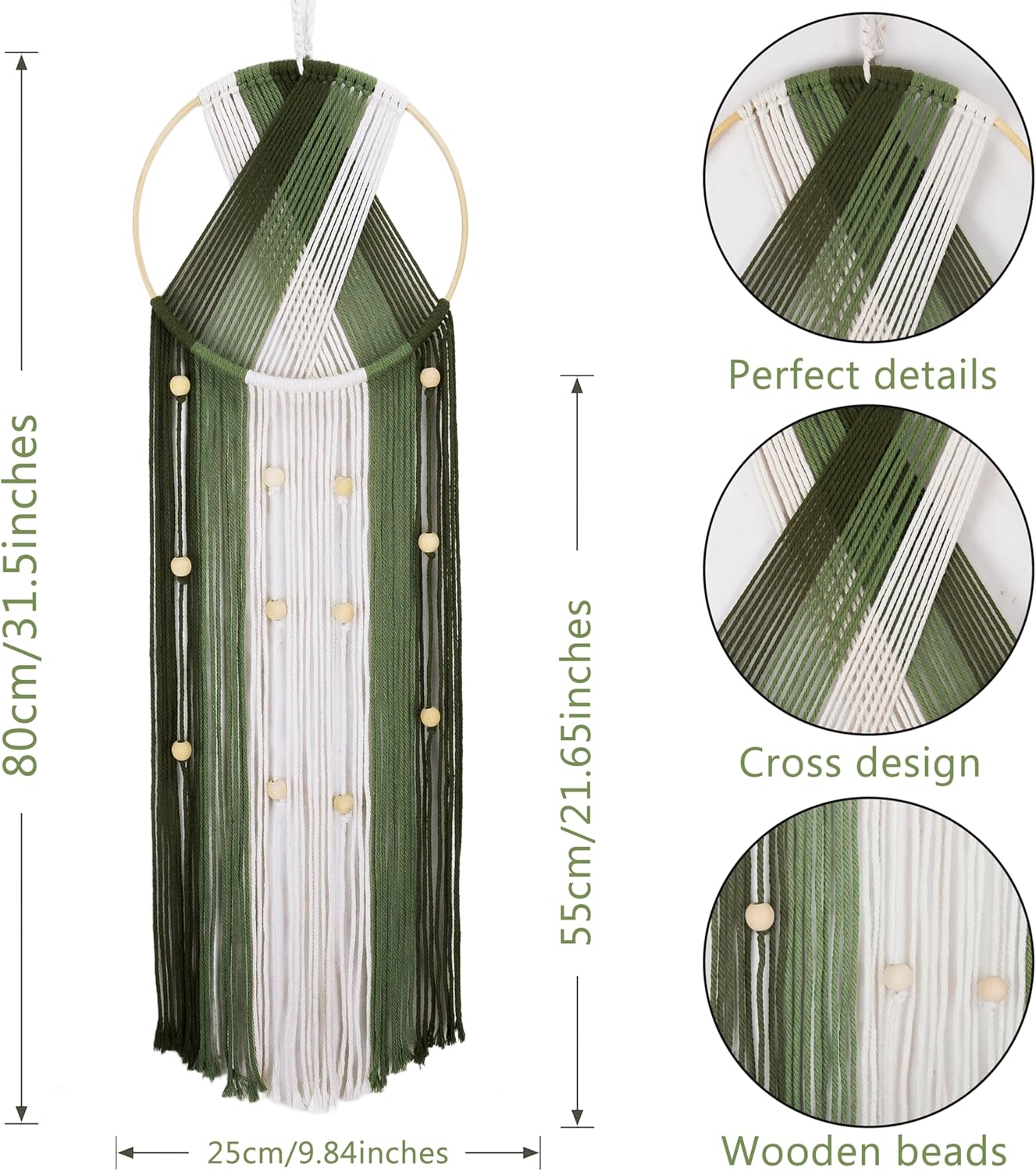 LB Boho Macrame Wall Hanging - Green and Beige Handmade Cotton Woven Decor, Modern Geometric Bohemian Tapestry Wall Decor for Bedroom Living Room Home (31.5"x9.84") Nature-Inspired Room Decor