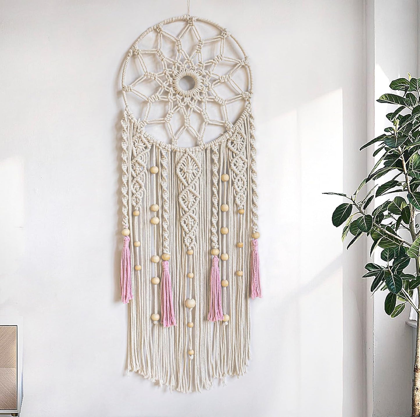 LB Boho Flower Macrame Wall Hanging Pink and Beige Dream Catcher Handmade Woven Cotton Tapestry with Wood Beads Modern Aesthetic Wall Art Decor for Home, Bedroom, Living Room