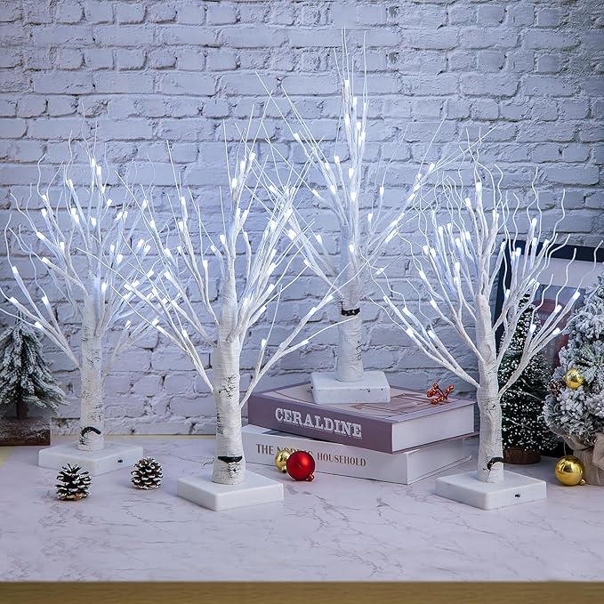 4pcs 36LED Lighted Birch Tree Home Decor - White Birch Tree with Lights Money Tree Wedding Centerpieces Artificial Branches Table (White)