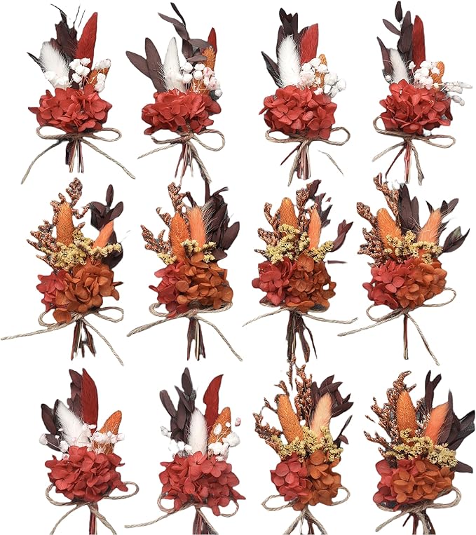 xin's convey Mini Dried Flower Bouquet Set (12 pcs), Birthday Party Decorations, Party Plate Decorations, Gift Bag Dried Flowers, Wax Sealed Dried Flowers. (Burgundy)