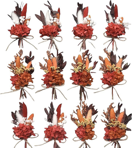 xin's convey Mini Dried Flower Bouquet Set (12 pcs), Birthday Party Decorations, Party Plate Decorations, Gift Bag Dried Flowers, Wax Sealed Dried Flowers. (Burgundy)