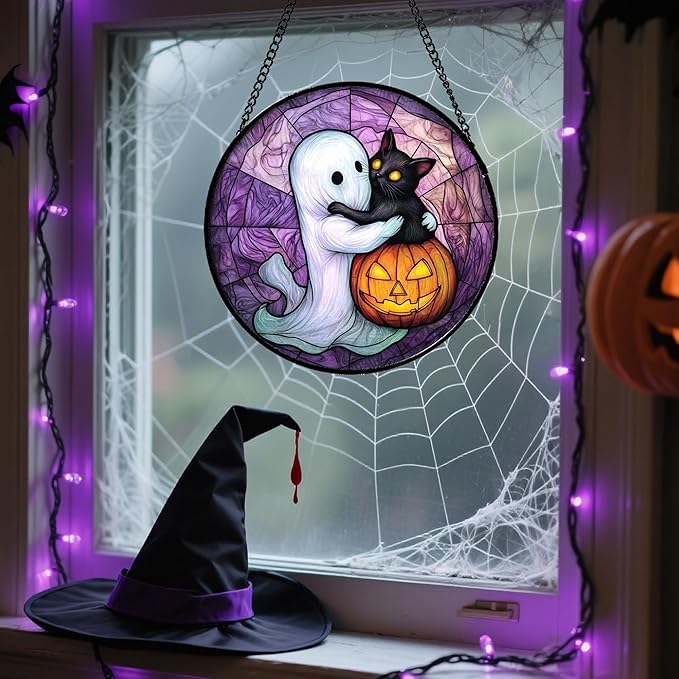 Stained Glass Window Hanging - Halloween Decorations Ghost Black Cat Pumpkin Suncatcher for Door Garden Spooky Purple Sun Catchers Gothic Decor Horror Gifts for Women Men Friend Boy 9.8 in