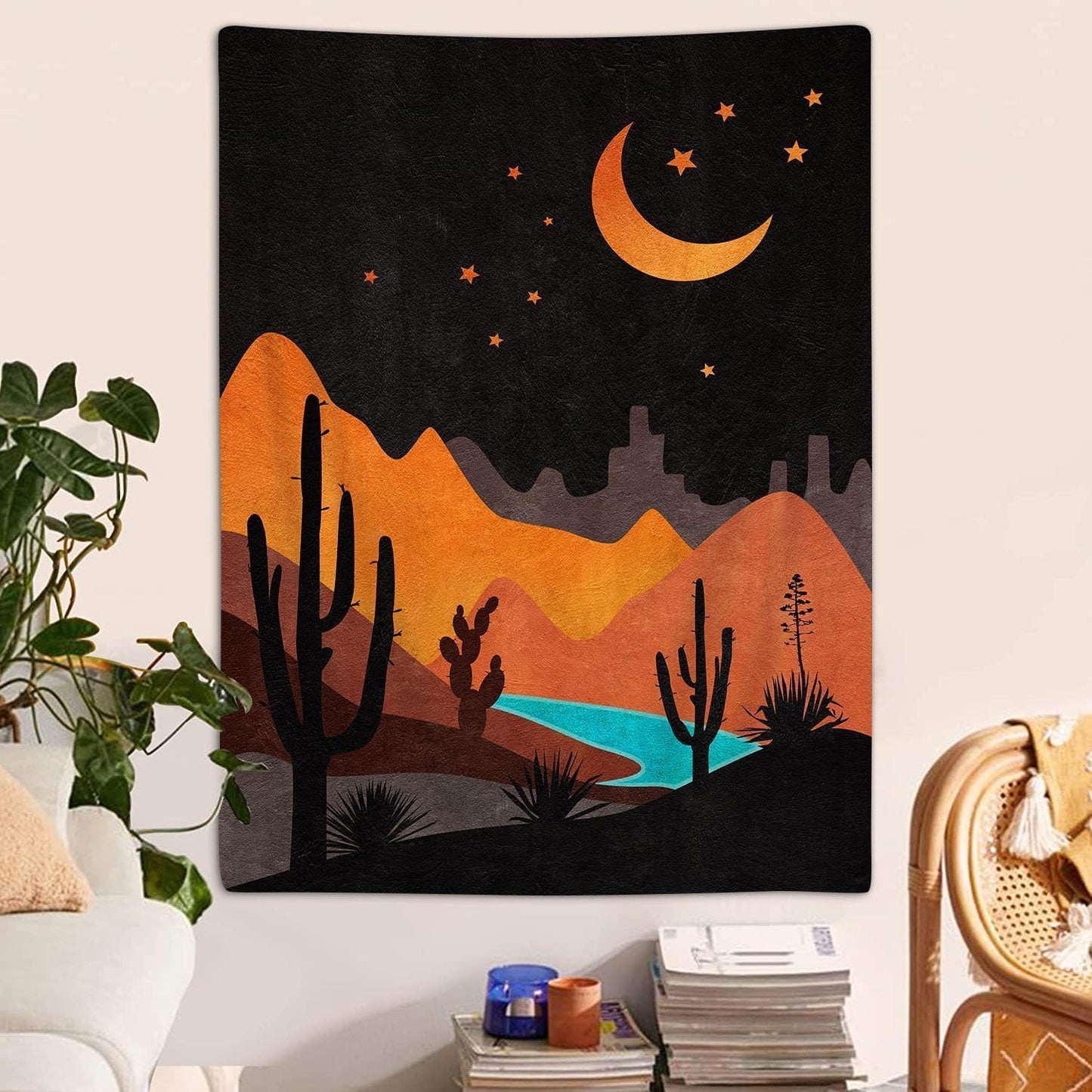 DYNH Boho Western Vertical Tapestry, Bohemian Mountain Desert Cactus Tapestries, Asthetic Minimalist Mid Century Sunset Tapestry Wall Hanging for Bedroom College Dorm Home Decor, 30X40IN