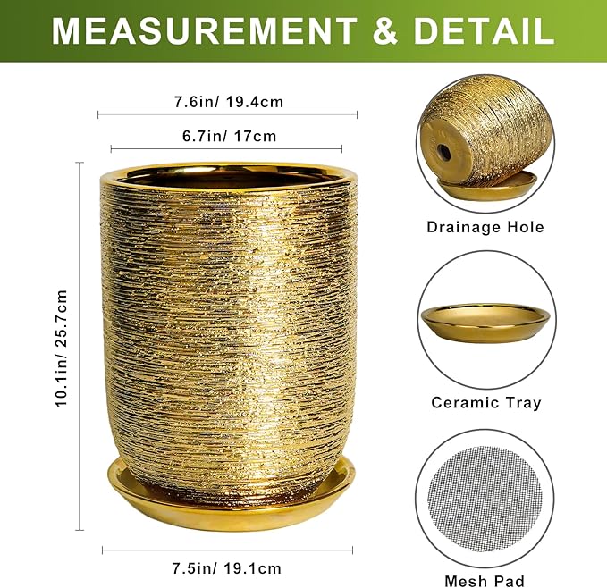 Indoor Plant Pot 8 Inch - Ceramic Planter for Indoor Outdoor Flowers, Round Modern Flower Pot with Drainage Hole and Saucer, Gifts for Plants Lovers, Garden Room Decor, Gold
