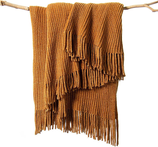 lifein Throw Blanket for Couch, Soft Boho Decor Bed Throw,Cozy Brown Knitted Chenille Small Farmhouse Lightweight Throw (Golden Brown,60 * 80")