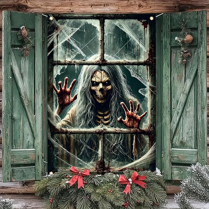 Window Cover Halloween 47x31 Inch Scary Skeleton Ghost Bloody Handprint Banner Creepy Horror Window Decoration for Haunted House Indoor Outdoor Poster Porch Decor