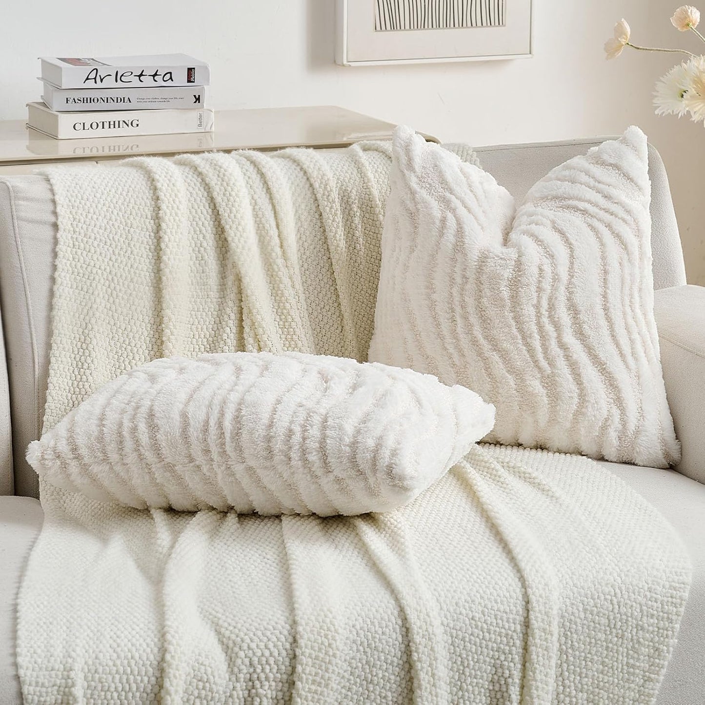 FUTEI White Decorative Throw Pillow Covers 16x16 Inch Set of 2,Soft Faux Fur Geometric Shapes Texture Cushion Case,Boho Home Decor for Couch Bed Living Room