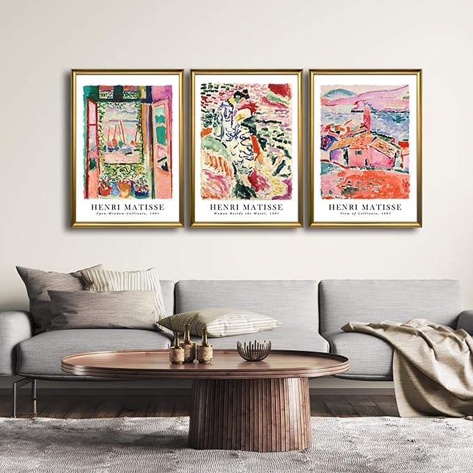 Wieco Art Large Framed Canvas Wall Art 3 Piece Henri Mattise Art Abstract Colorful Matisse Posters Canvas Prints for Wall and Home Office Decorations Bronze Gold Frame