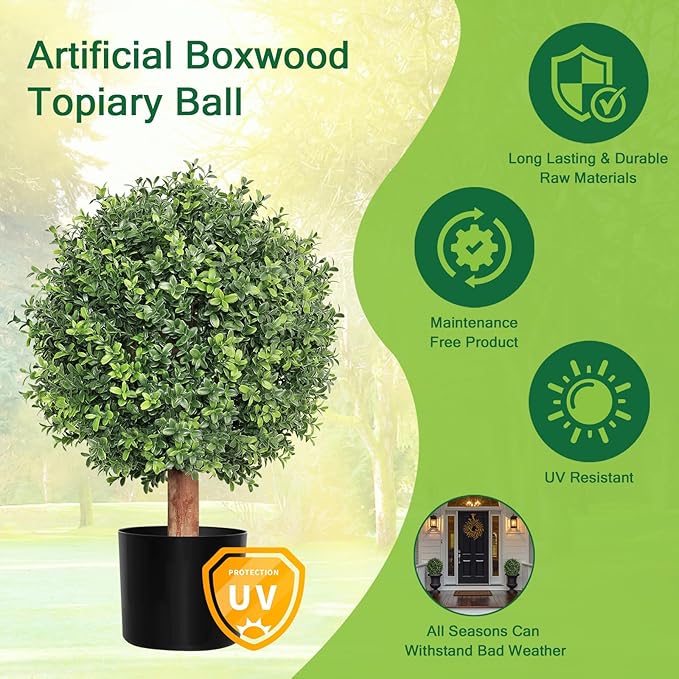 24 Inch Artificial Topiary Boxwood Ball Trees Outdoor – Set of 2 UV Resistant Faux Boxwood Topiary, Fake Potted Shrubs Evergreen for Front Door Porch Patio Balcony Home Decoration