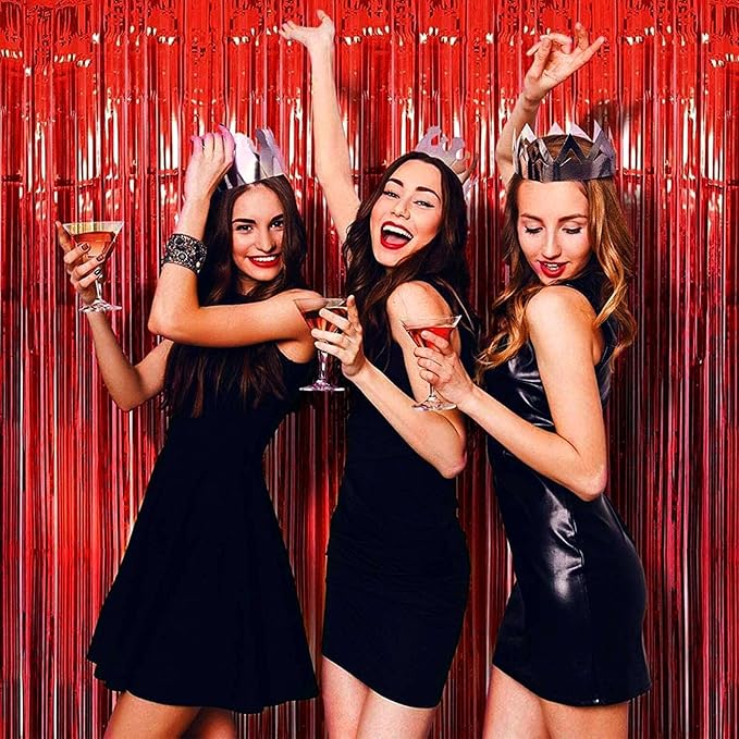 4 Pack Red Foil Fringe Curtain Backdrop, 3.28Ft x 9.84Ft Metallic Tinsel Foil Fringe Streamers Curtains for Party, Photo Booth Props, Birthday, 2022 Graduation Decoration Supplies