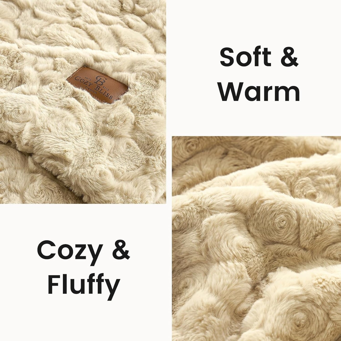 Cozy Bliss Faux Fur Throw Blanket for Couch, Fuzzy Soft Plush Thick Warm Fluffy Reversible Wave Textured Blanket for Sofa Bedroom Living Room, 55 * 70 Inches Kahki