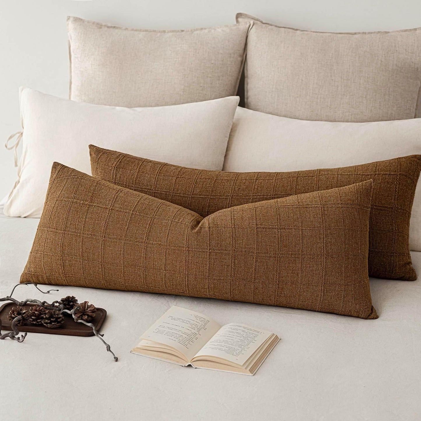 Foindtower Set of 2 Decorative Linen Check Throw Pillow Covers Neutral Long Body Lumbar Cushion Covers Farmhouse Vintage Boho Home Decor For Sofa Chair Couch Bedroom Living Room,14×36 Inch,Brown Hazel