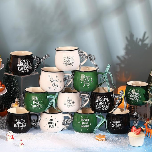 Zubebe Christmas Coffee Mugs Set of 12, 12 oz Hot Cocoa Ceramic Holiday Mugs Set for Mom, Woman, Family, Friend - Farmhouse Tiered Tray Decor, Coffee Bar Decor(Dark Green, Black, White)
