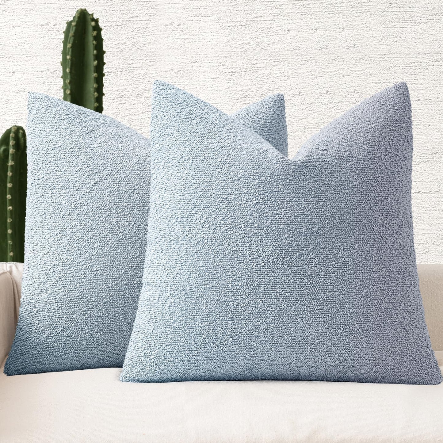 MIULEE 22x22 Inch Decorative Euro Sham Throw Pillows for Bed Set of 2 Textured Boucle Neutral Winter Throw Pillow Covers Light Blue Accent Solid Euro Couch Pillowcases Sofa Livingroom Home Decor