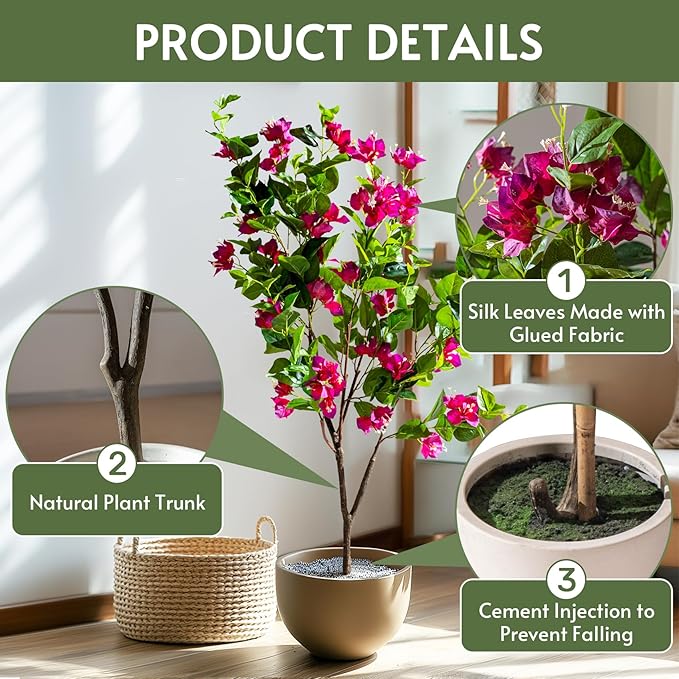 4FT Artificial Bougainvillea Tree Artificial Tree Tall Potted Fake Bougainvillea Trees for Outdoor Indoor Lifelike Potted Faux Plants with Wood Trunk and Flowers Office Wedding Home Decor