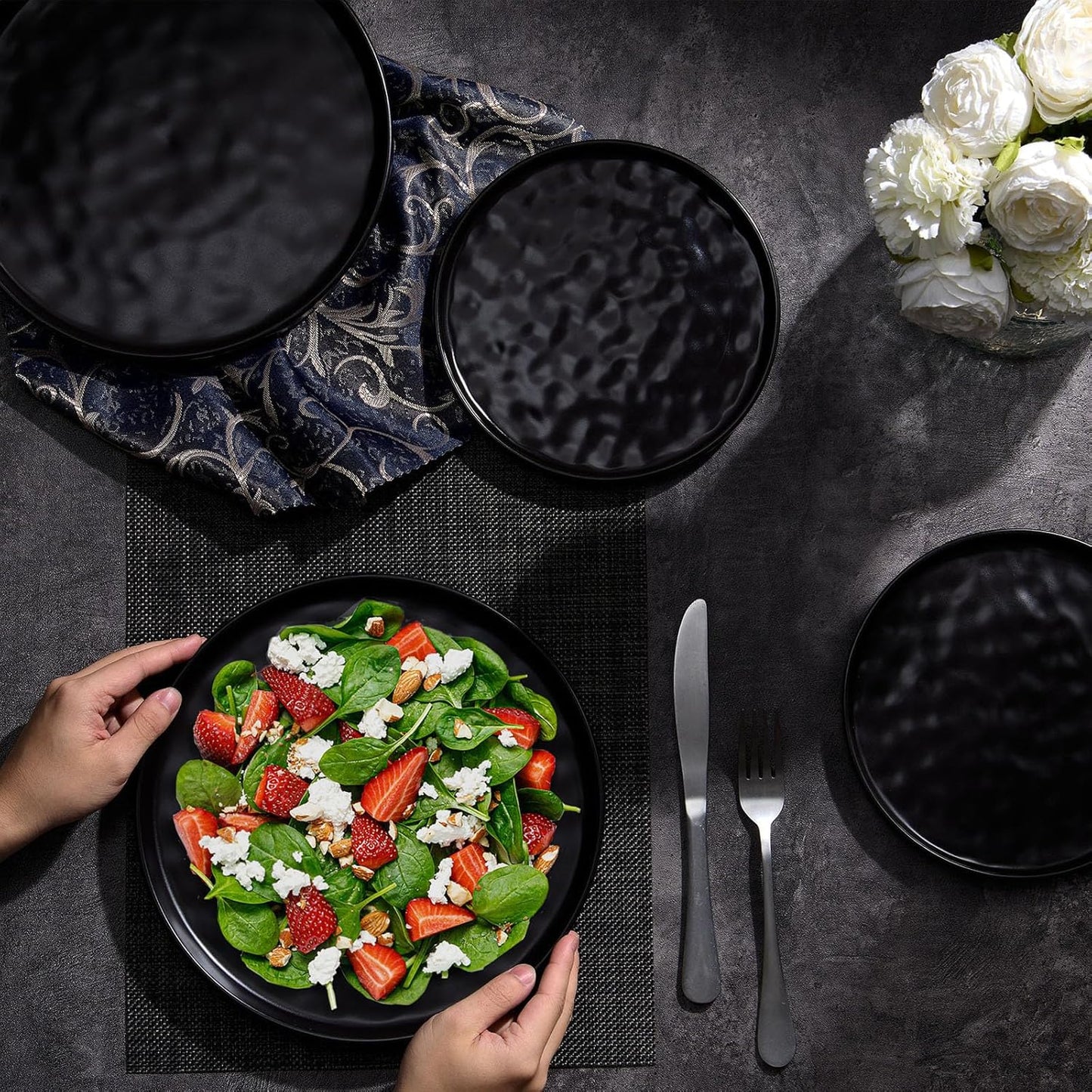 LIANYU Ceramic Dessert Plates Set of 6, 7.9 Inch Dinner Appetizer Plates for Kitchen & Dining, Porcelain Serving Round Plate for Cake, Bread, Salad, Snack, Microwave & Dishwasher Safe, Obsidian Black