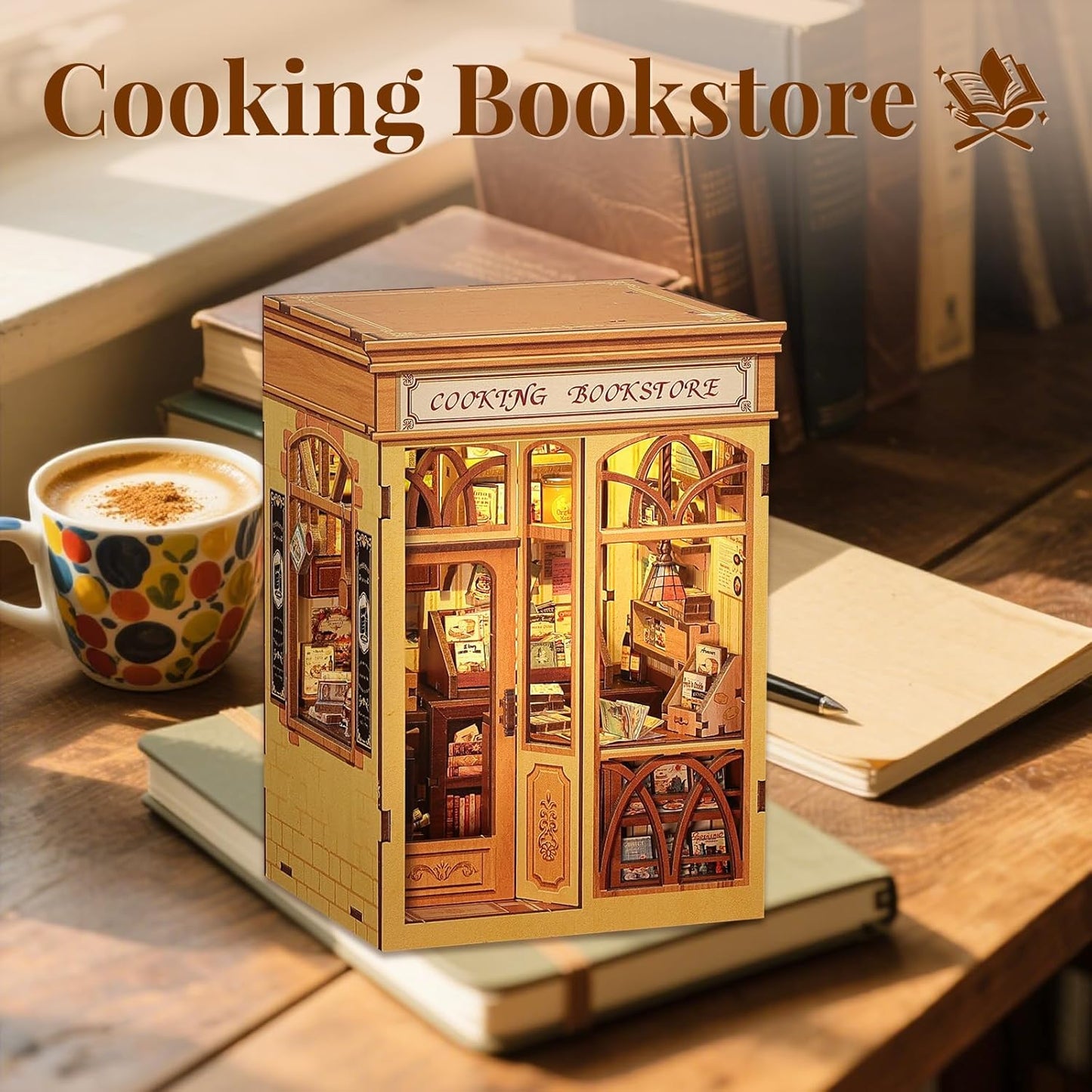 Cutefun Book Nook Kit - DIY Miniature Dollhouse Kit 3D Creative Decorative Bookend 3D Wooden Puzzle for Adults, Bookshelf Insert Library Decor with LED Light (Cooking Bookstore)