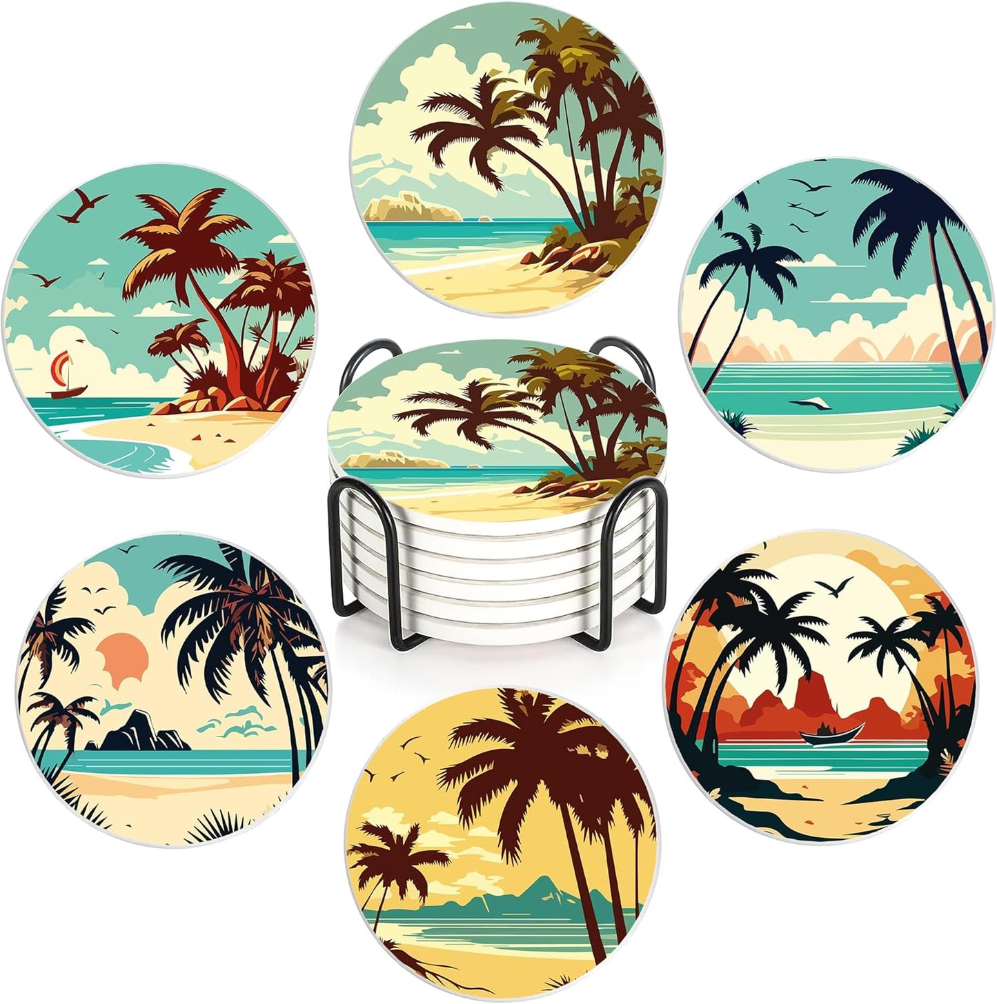 Drink Coasters with Holder,6 Pcs Palm Trees Beach Sunset Absorbent Ceramic Drink Pads, Non-Slip Table Protectors for Coffee & Glasses
