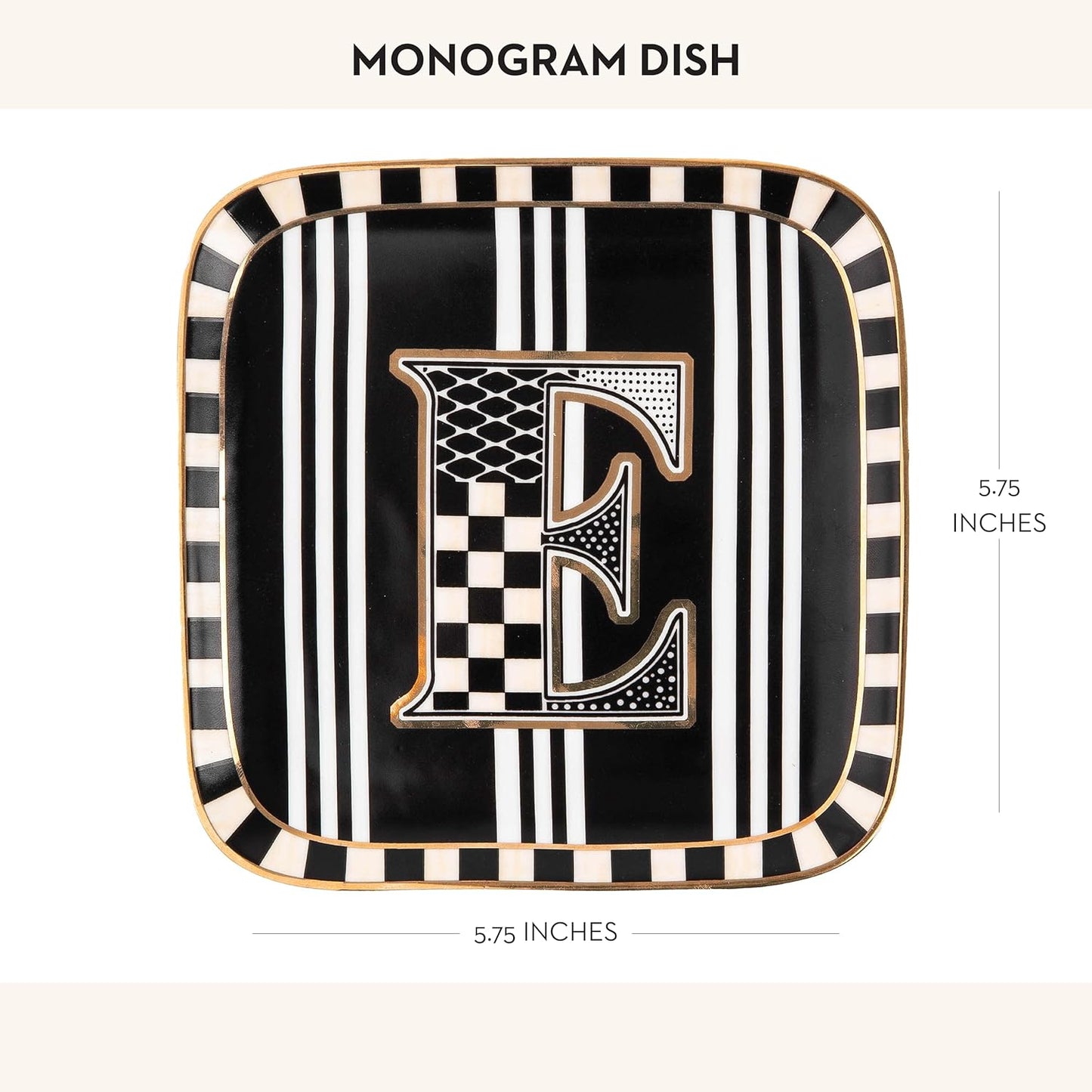 MACKENZIE-CHILDS Monogram Dish, Decorative Ceramic Letter Plate, 5 3/4" Square, E