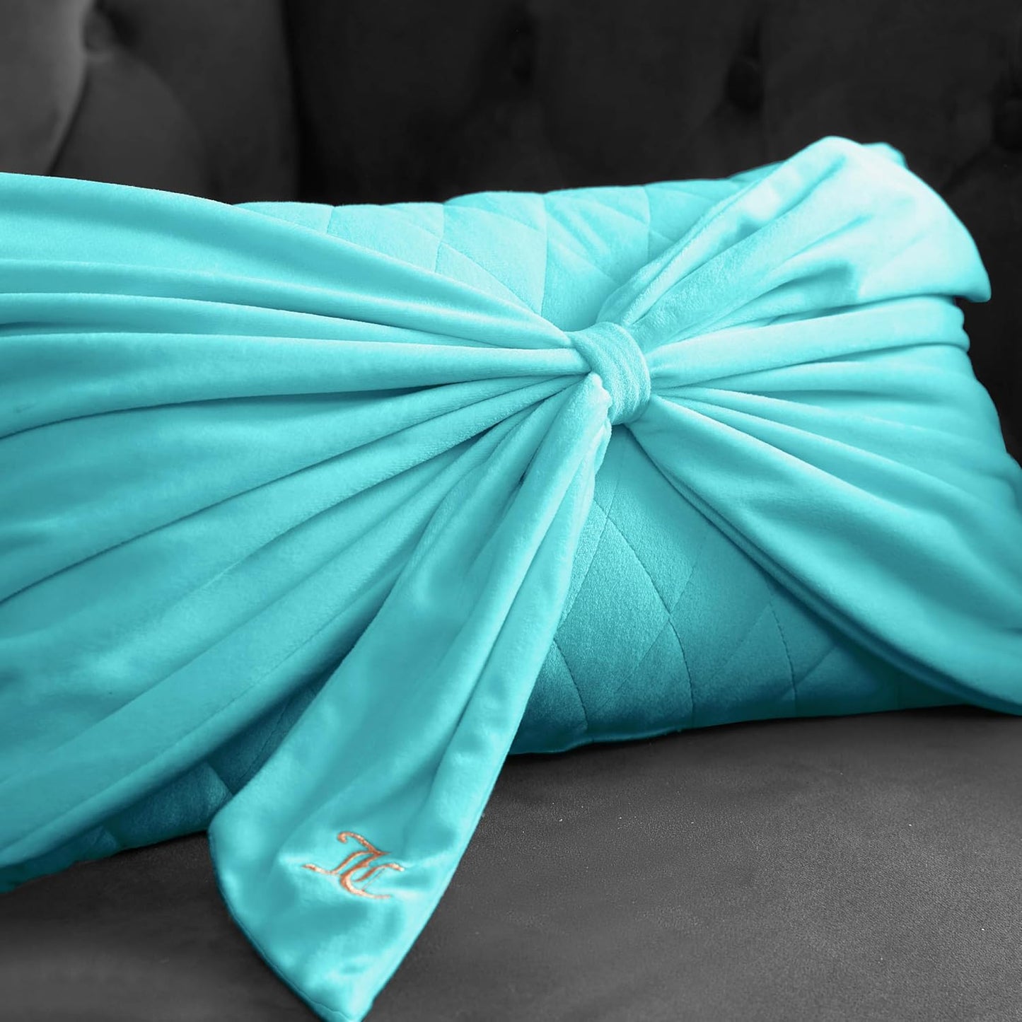 Juicy Couture Rectangle 1-Piece Decorative Accent, Premium Reversible Throw Pillow, Living Room and Bedroom Décor, 10"x18", Velvet Bow-Blue Crush