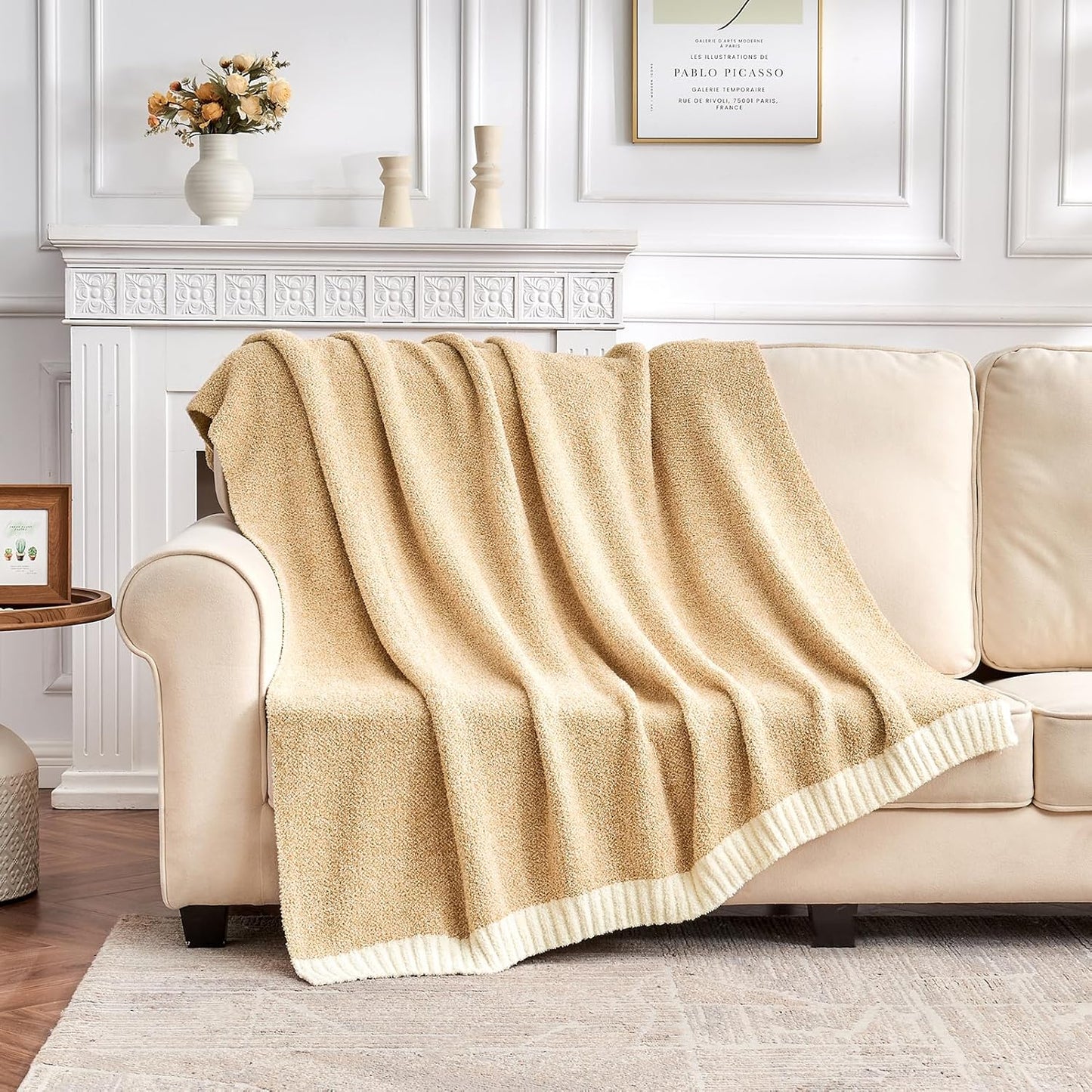 CozeCube Super Soft Fullfy Microfiber Reversible Knitted Blankets, Warm Cozy Fuzzy Plush Throw, Beige and White Melange Throw Blanket for Couch Bed Sofa, 50" x 60"