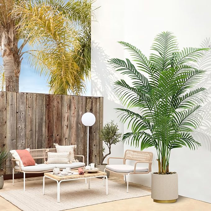 2 Pack Artificial Palm Tree Indoor Plant 7FT Tall Fake Tropical Palm Tree in Pot, Real Bark Design Faux Areca Palm Tree for Home Office Living Room Bedroom Farmhouse Modern Outdoor Topiary Tree