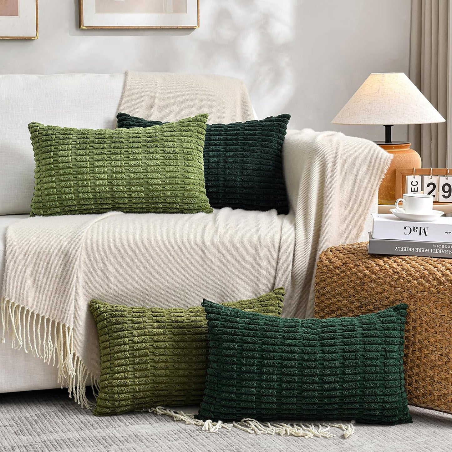 Fancy Homi 1 Pack Boho Moss Green Decorative Throw Pillow Covers 12x20 Inch for Couch Bed Sofa, Rustic Modern Farmhouse Home Decor, Soft Plush Corduroy Cute Rectangle Cushion Case 30x50 cm