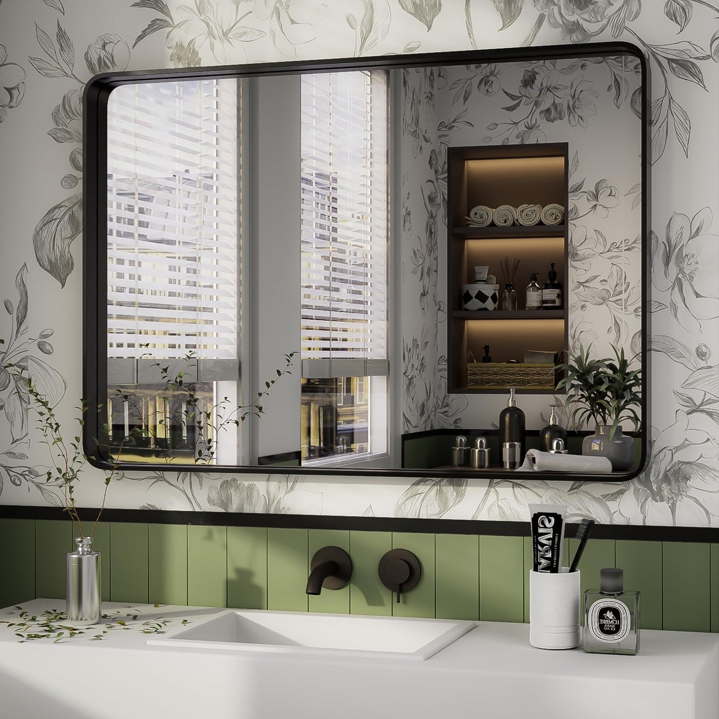 ISKM Black Bathroom Mirror for Wall 40" x 24" Matte Black Framed Vanity Mirror, Shatter-Proof, Tempered Glass, Rounded Rectangle Mirror(Horizontal/Vertical)