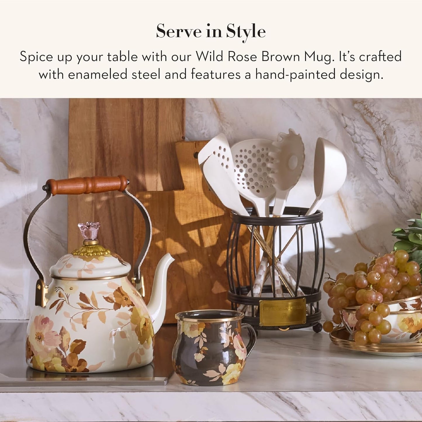 MACKENZIE-CHILDS Enamel Mug, Cute Enamelware Tea or Coffee Mug, Wild Rose Brown