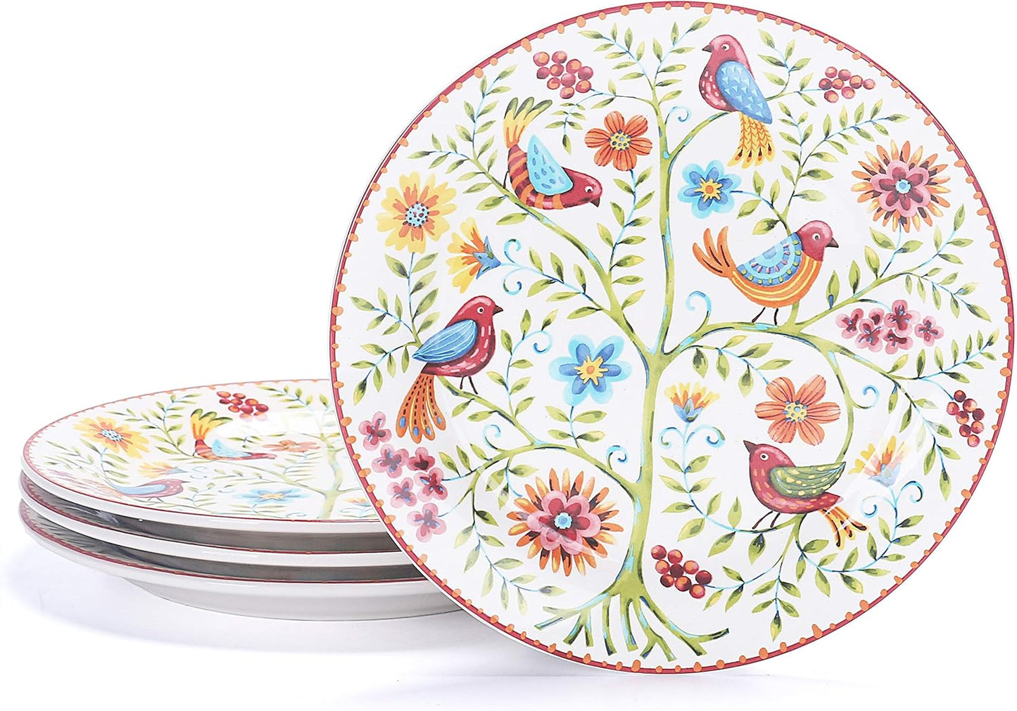 Bico Red Spring Bird Salad Plates Set of 4, 8.75 Inch Ceramic Dessert Plates for Salad, Appetizer, Side Dishes, Microwave and Dishwasher Safe, Gift for Housewarming and Thanksgiving
