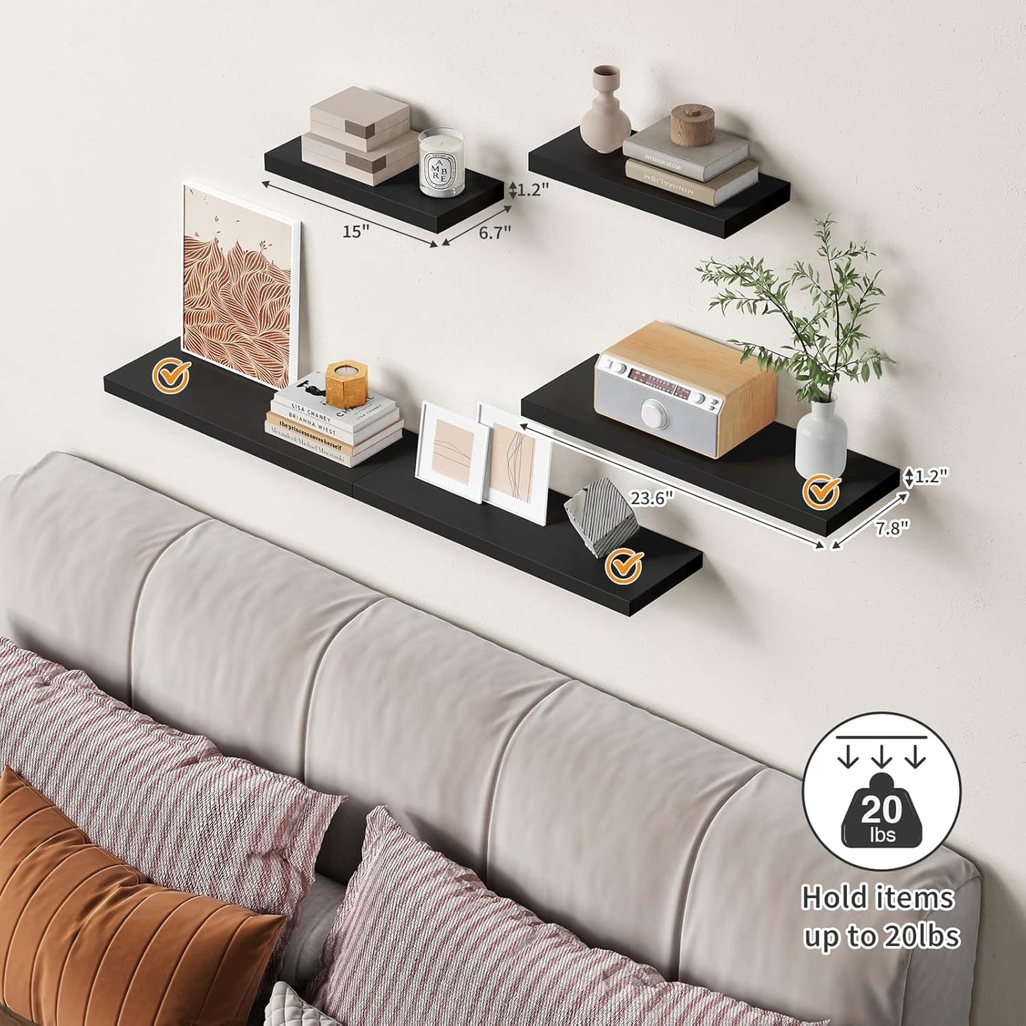 Forbena 24 Inch Long Black Floating Shelves for Wall, Large Wall Shelves for Living Room Decor Bedroom Books, Invisible Wall Mounted Shelves for Bathroom Office Closet TV Shoes - Set of 3