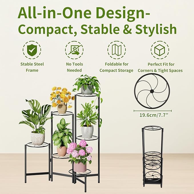 Outdoor Plant Stands for Patio Corner Tall Plant Stand Indoor Metal Flower Pot Stands for Multiple Plants 6 Tier Heavy Duty Shelf Black Kite