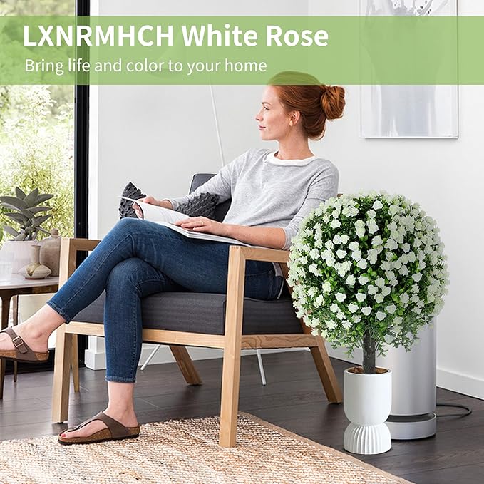 27.2" Artificial White Rose Topiary Set of 2 with Spike, Fake Plants Boxwood Ball Greenery Shrubs, Uv Resistant Push in Flowers Artificial Bushes for Outdoor Front Porch Decor Home Faux Plants Indoor