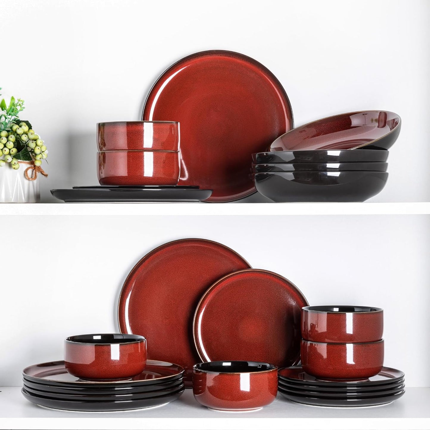 LeRatio Ceramic Dinnerware Sets for 6,Porcelain Plates and Bowls Sets,Handmade Reactive Glaze Dishes Set,Chip Resistant and Scratch Resistant | Oven&Dishwasher & Microwave Safe-Red(18PCS)