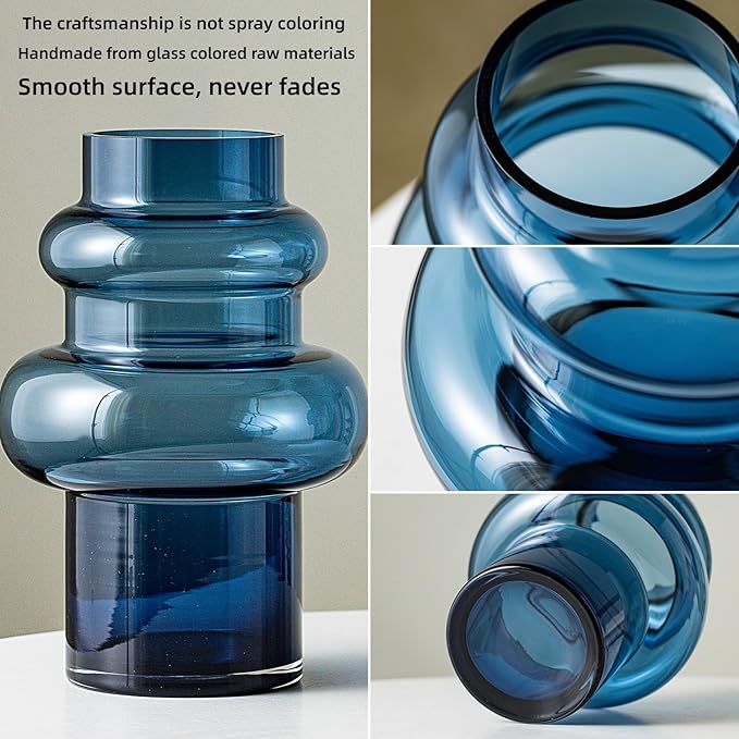 Clear Blue Bubble Glass Flower Vase, Modern Boho Ins Style Vase for Hydroponic Plants Bouquet, for Home Room Office Book Shelf Wedding Table Decor (W 6" X H 9.4")