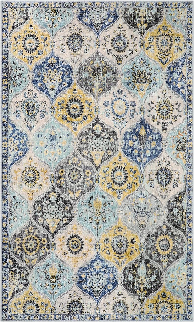 Lahome Moroccan Trellis Washable Small Area Rug, 3x5 Area Rug for Bedroom Living Room, Non-Slip Oriental Accent Throw Carpet for Kitchen Office Entryway Bathroom Office, Yellow/Aqua