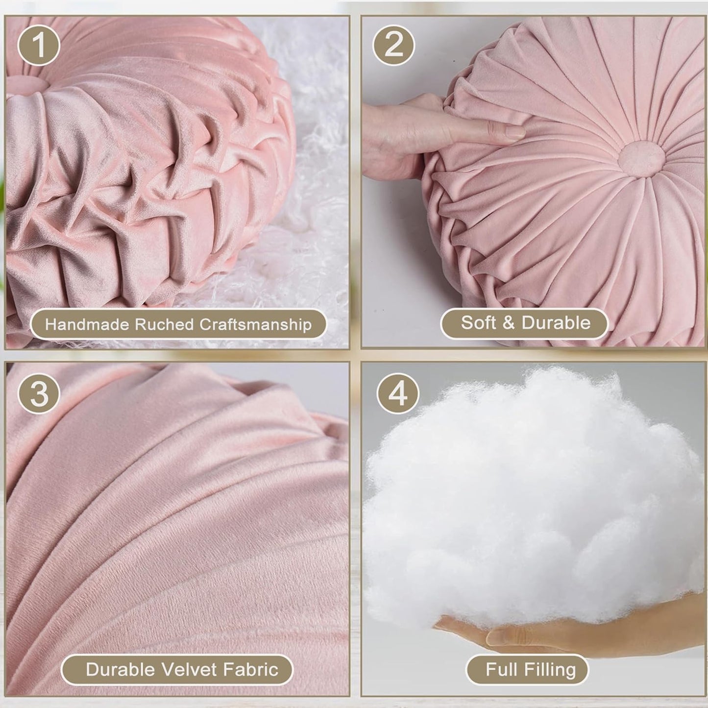 HIG Set of 2 Pink Ruched Velvet Round Throw Pillows – 14.5’’ Decorative Pillows with Soft Polyester Filling for Couch, Bed, Living Room, Bedroom, or Dorm – Handmade, Stress Relieving, All-Season