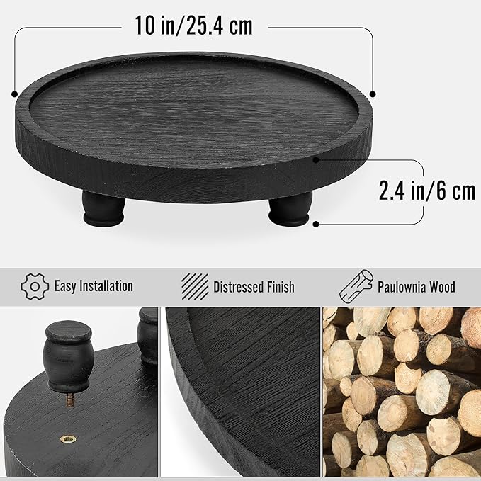 Tikea Farmhouse Wood Display Riser, 10 in. Farmhouse Pedestal Stand for Living Room Kitchen Bathroom Counter Decor, Round Display Tray for Coffee and Soap Dispenser (Black)