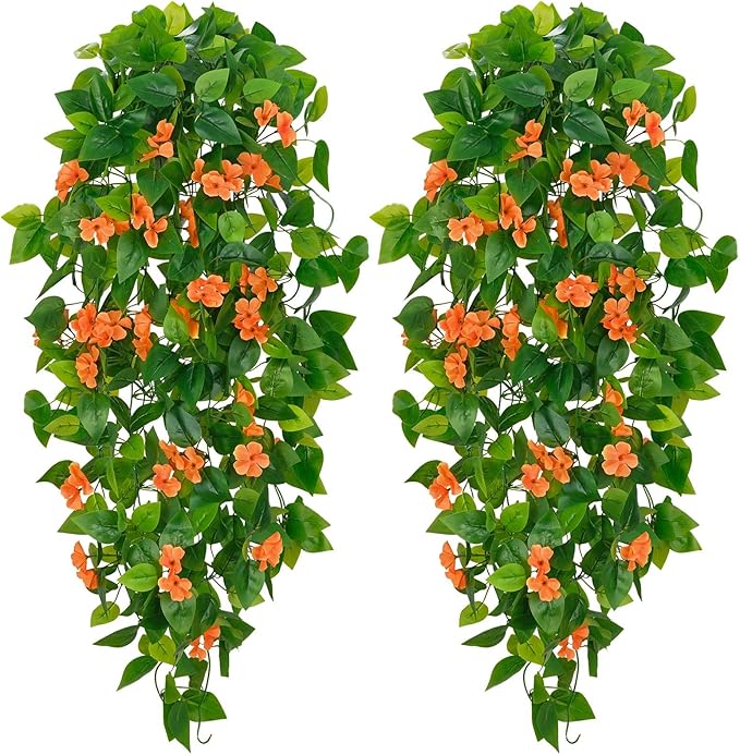 BLEUM CADE Artificial Hanging Flowers for Outdoors, 2pcs Fake Hanging Plants Pothos Vines with Orange Flowers for Wall Home Living Room Indoor Outdoor Fall Decor (No Baskets)