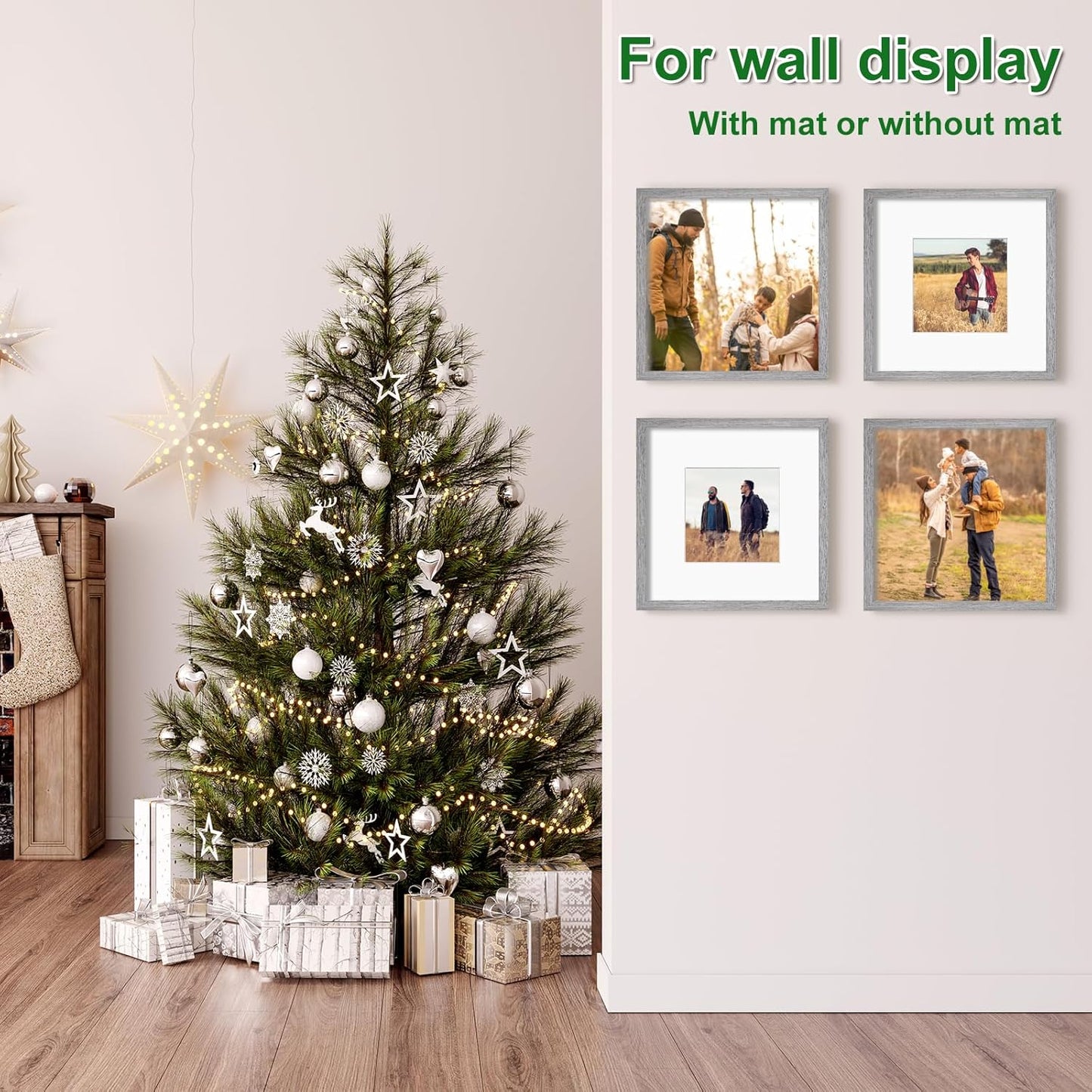 KINLINK 14x14 Picture Frame, Grey Square Solid Wood Frames for Pictures 8x8 with Mat or 14x14 without Mat, Wall Display Photo Frames Grey Wood 4 Pack