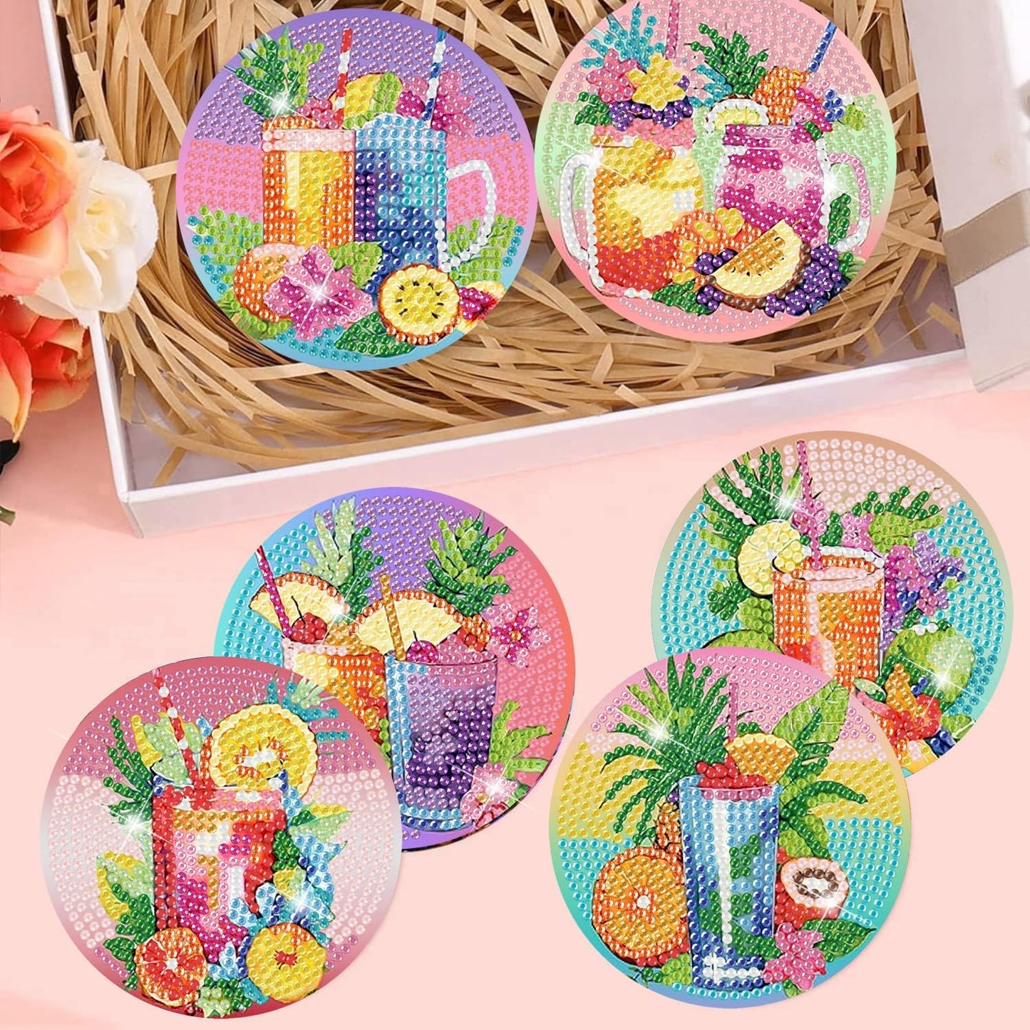 Meothan 8 Pcs Diamond Art Coasters Kits for Adults with Holder Cork Pads, Diamond Dots Art Painting Coasters Crafts Kit for Home Office Decor (Summer Cocktails)