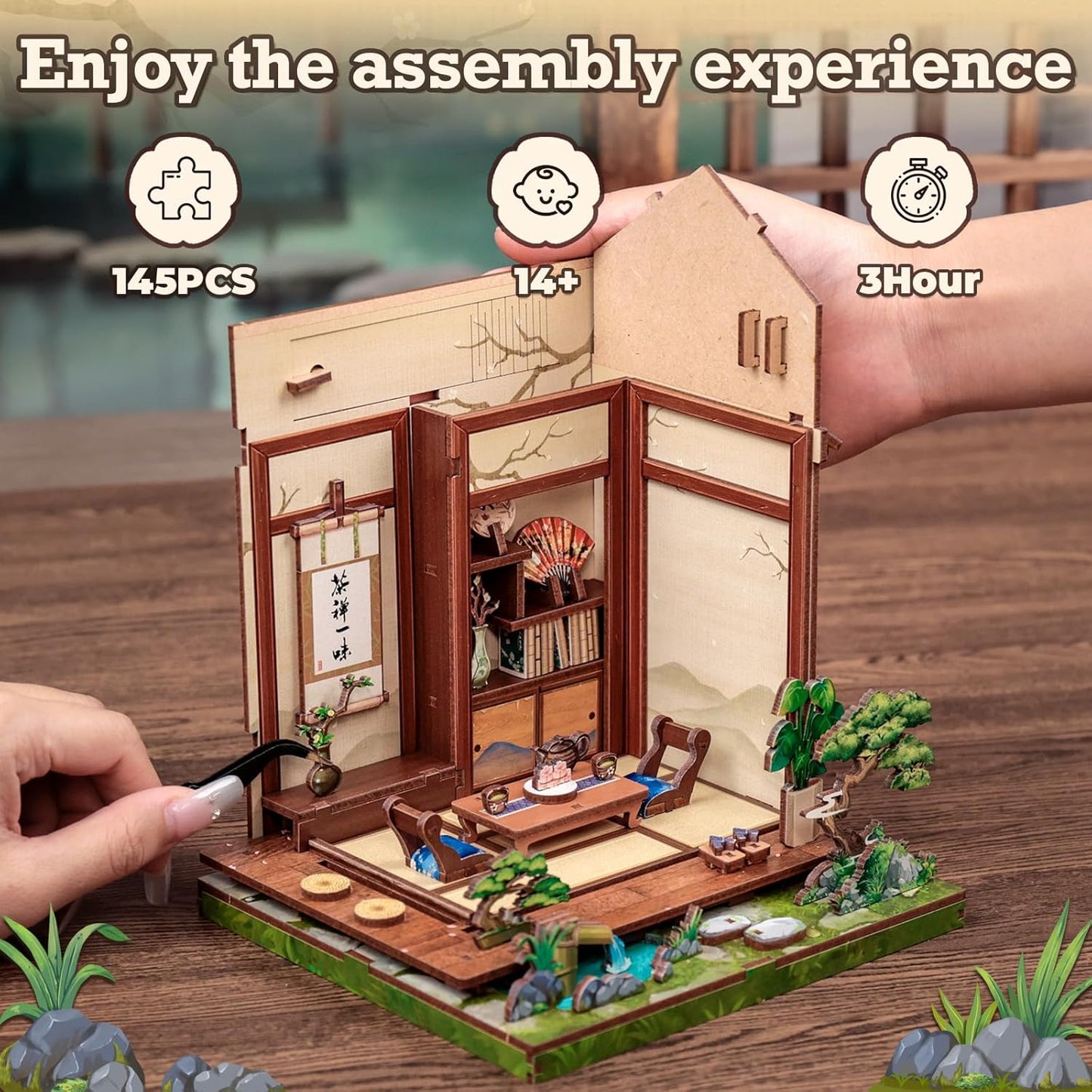 Fsolis Book Nook Kit - Japanese DIY Miniature House Kit for Adults Mini House Tiny 3D Puzzles Craft Bookshelf Diorama Decor Gifts for Women Teenagers Book Lovers （Japanese Tea Room）